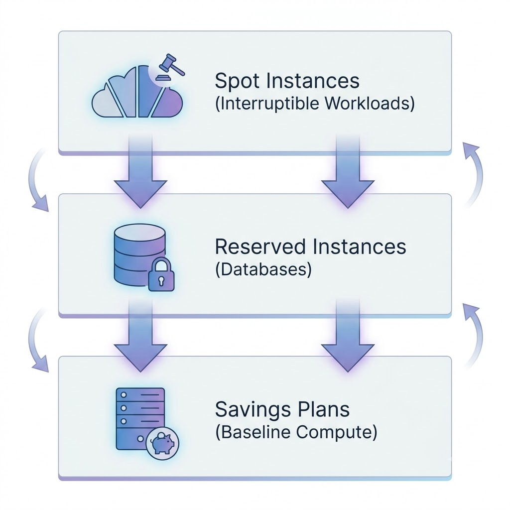 WS cost optimization model showing Savings Plans, Reserved Instances for databases, and Spot Instances for interruptible workloads.