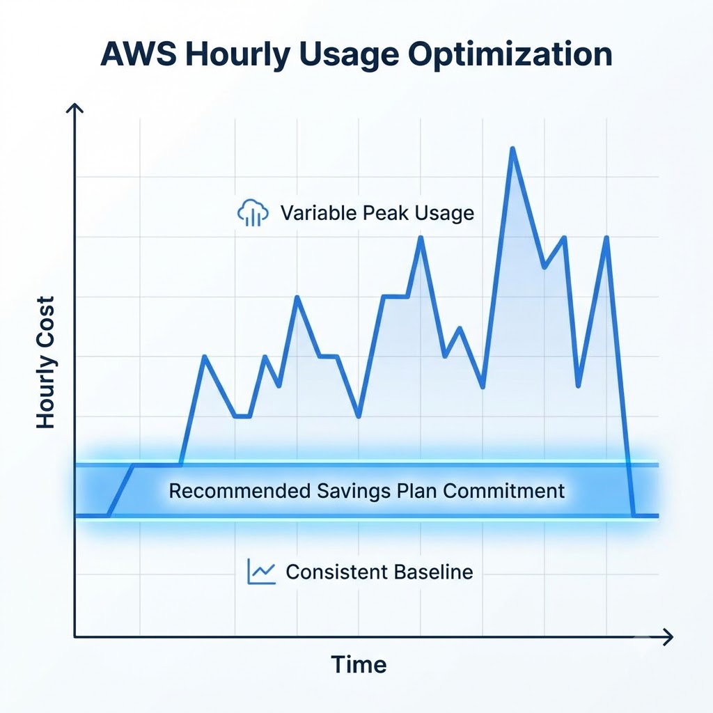 AWS usage graph showing consistent baseline spend, variable peak usage, and the recommended Savings Plan commitment level.