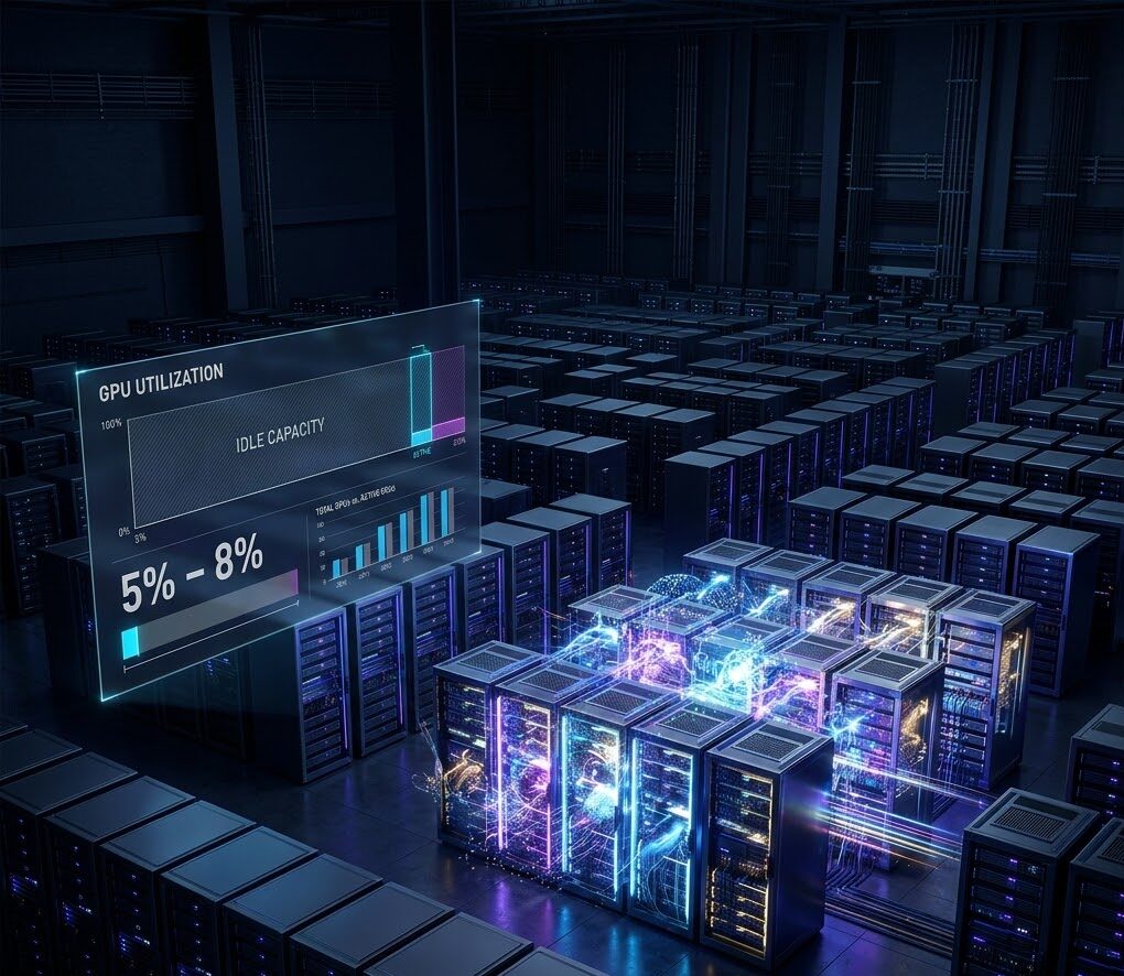 GPU servers showing low utilization and fluctuating AI workloads in a data center